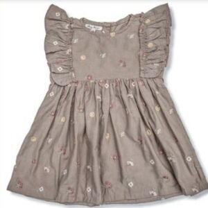 Shirley Bredal | Taupe Floral Embroidered Flutter Sleeve Dress